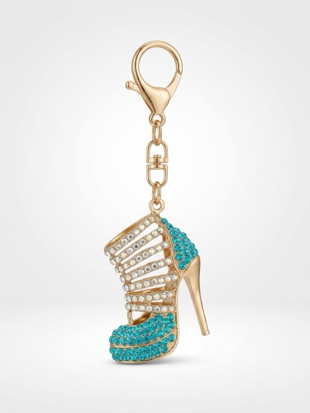 RoseGold Blue Crystal Stone & Gold Stiletto Heal/Shoe Glamour Girl Keychain
